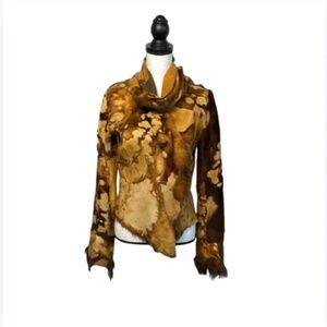 Genuine Leather Bellsleeve Brown Tan Patterned Fur Jacket with Scarf